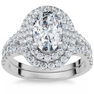1 5/8Ct Oval Double Halo Diamond Engagement Ring Set Gold Lab Grown