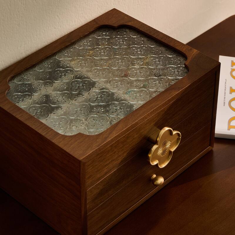 Handcrafted Black Walnut Wooden Jewelry Organizer – Glass Lid, 3 Drawers & Pull-Out Necklace Storage – Stylish Storage for Women