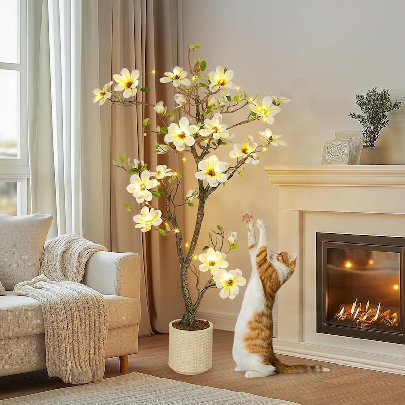Faux Artificial Flower Tree, Magnolia Plants with Light for Home Decor - 6 ft
