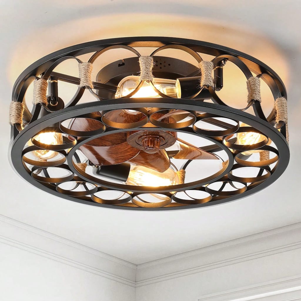 Cusp Barn 20" Flush Mount Ceiling Fan,Caged Ceiling Fan,Low Profile Modern Farmhouse Fan Light,Quite Airflow with Remote Control