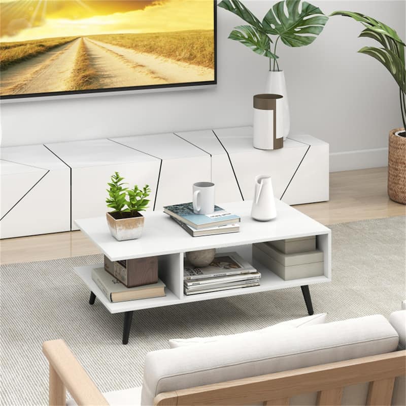 31.5”Long Modern 2-Tier Coffee Table with Open Storage Compartments and Sturdy Metal Legs - 31.5" x 18" x 12"