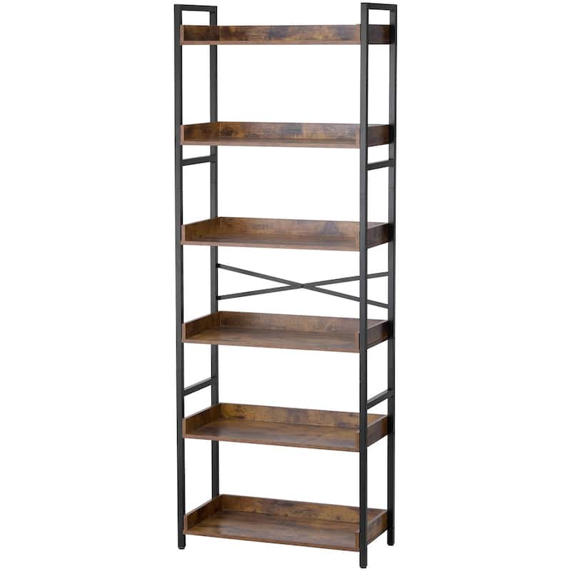 6-Tier Rustic Bookshelf with Black Metal Frame and Open Storage Space Perfect for Any Room - 25.59" x 11.81" x 69.29"