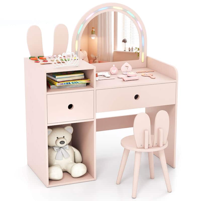 Costway Princess Bunny Makeup Table with Lighted Mirror, Open Shelves - See Details - Pink