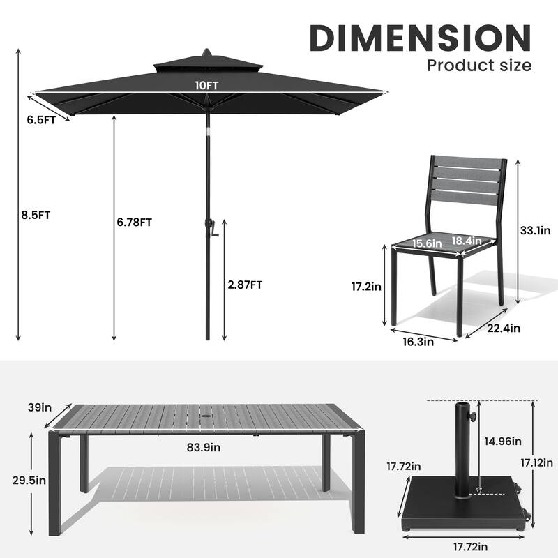 9/11-Piece Outdoor Dining Set Aluminum Table and Stackable Chairs w/10 ft Umbrella and Base