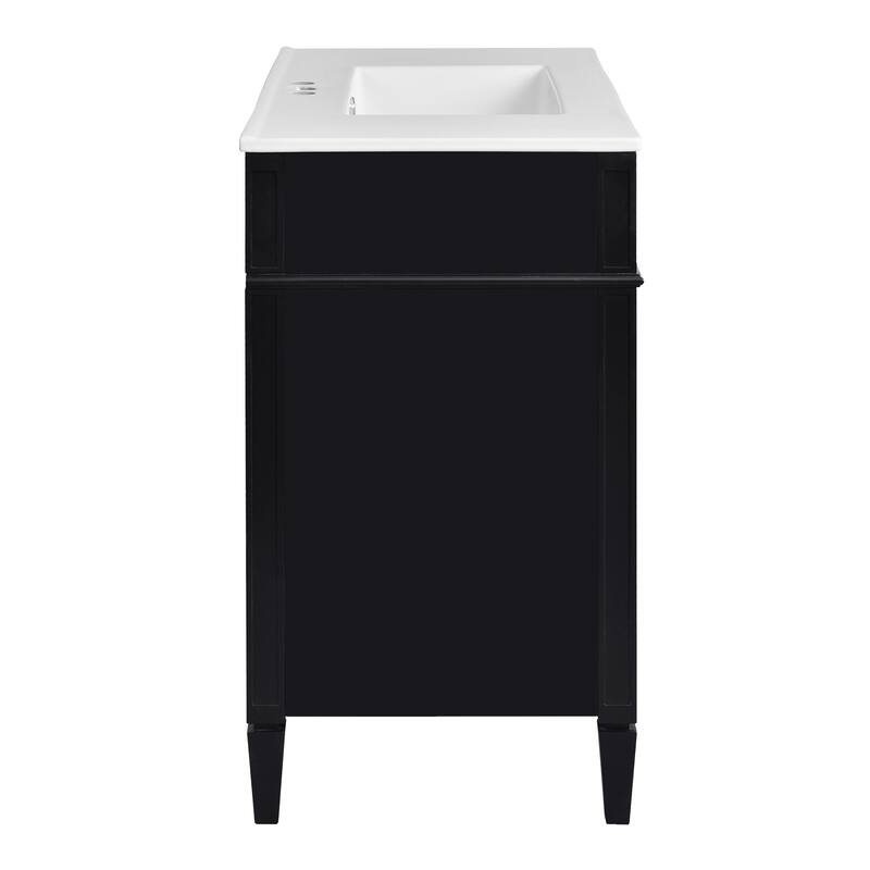 Modern Single Sink Bathroom Vanity Cabinet with Door Rack, Tip-out Drawer, 2 Pull-out Drawers, Metal Knobs and Adjustable Shelf
