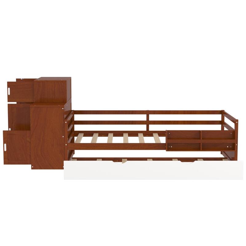 Twin Size Wood Platform Bed with Sample Bookshelf and Movable Wardrobe, Multifunctional Bed with Built-in Trundle Bed