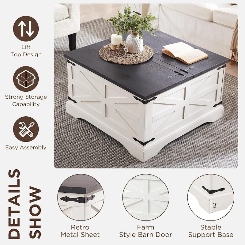 Farmhouse Lift Top Coffee Table with Storage, Wood Square Center Table