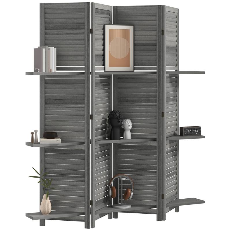 HOMCOM Blinds Style 4-Panel Wood Room Divider, 67'' Tall Folding Privacy Screen Panels Gray - 8' x 10'