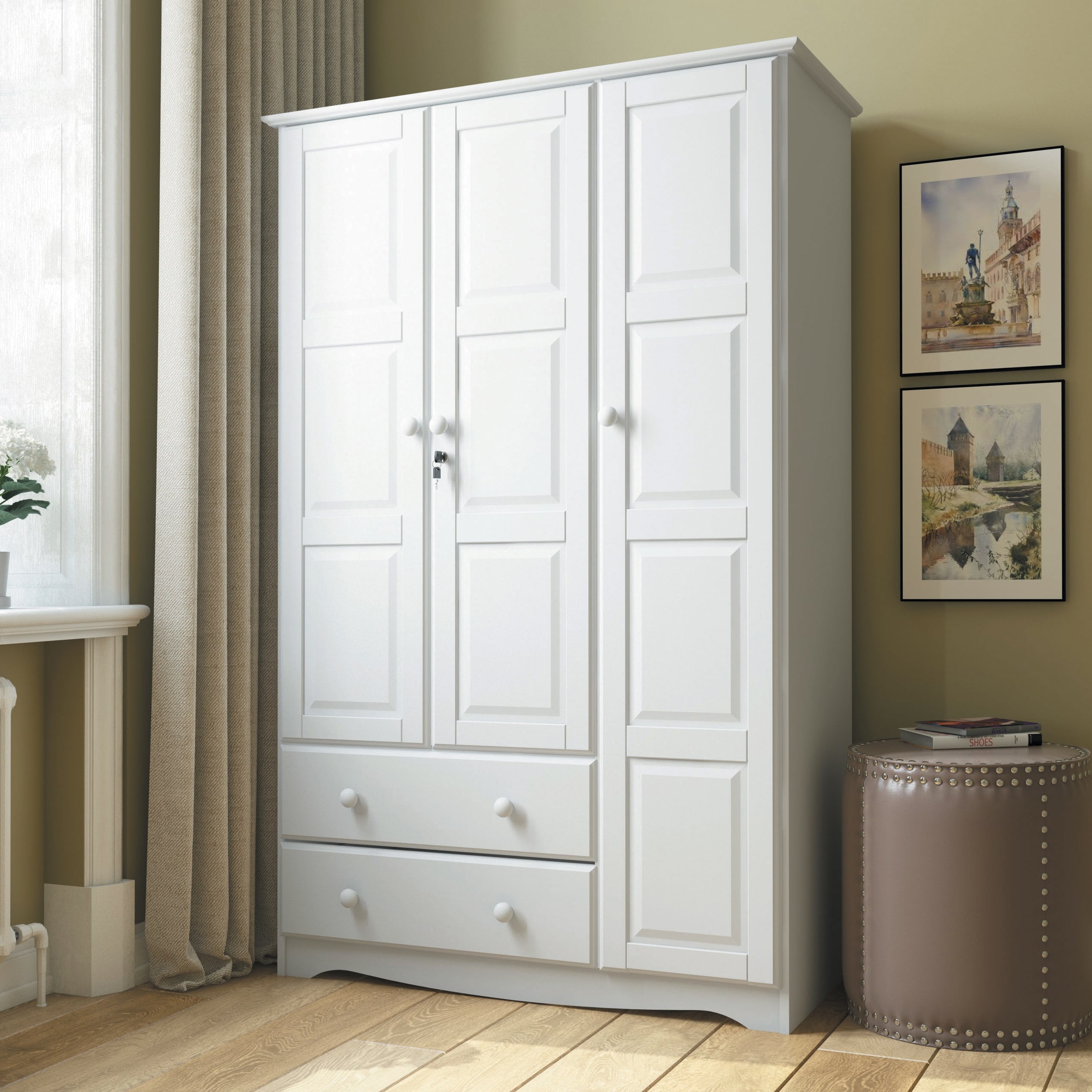 Palace Imports Grand 100% Solid Wood 3-Door Wardrobe Armoire with 2 Drawers