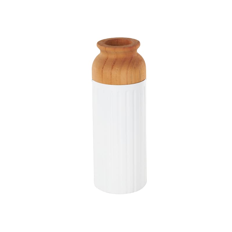 Metal Color Block Decorative Vase with Rounded Linear Grooves and Brown Wood Tops - Set of 2 White - Roche River Decor