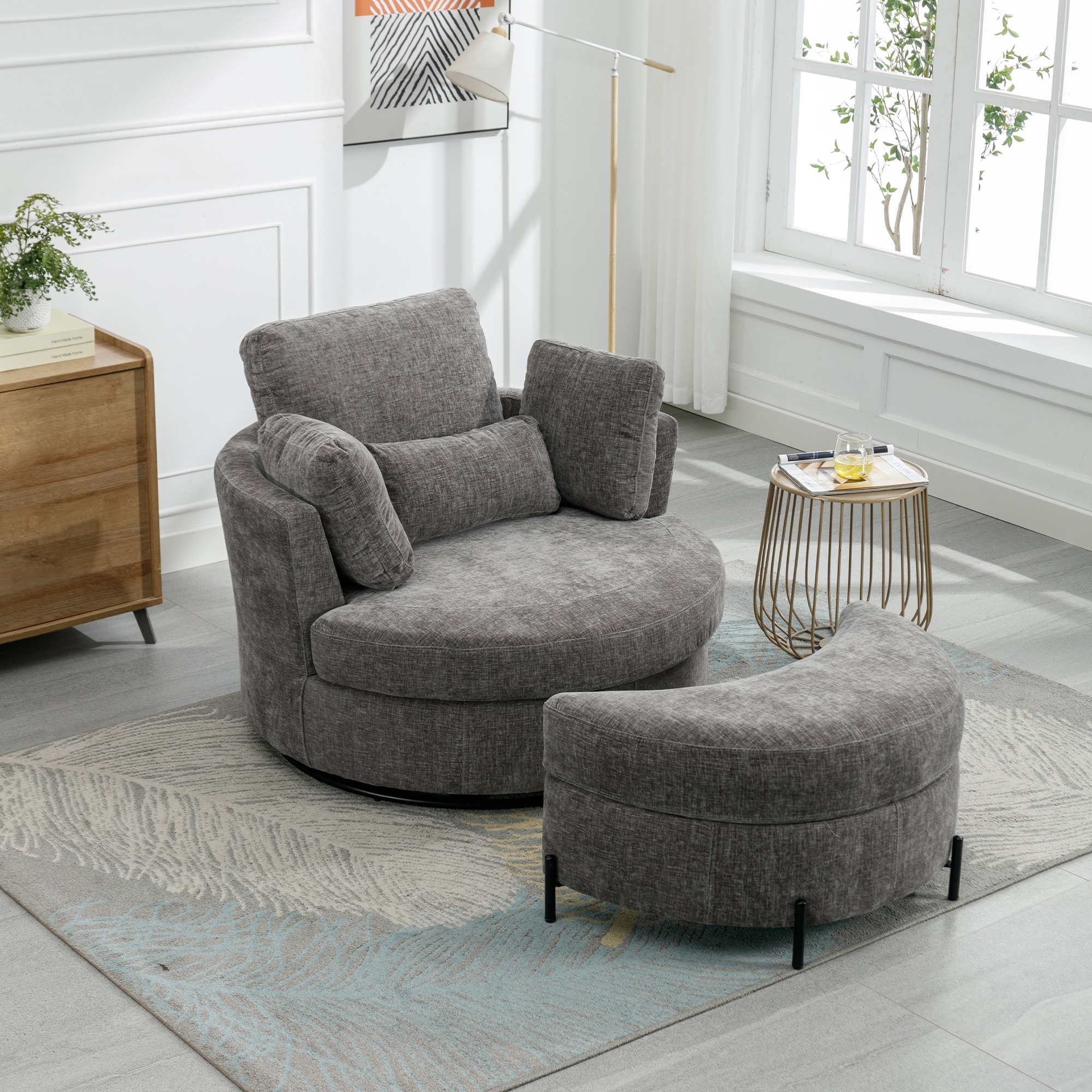 Swivel Accent Barrel Chair and Half Crescent Moon Ottoman Bed