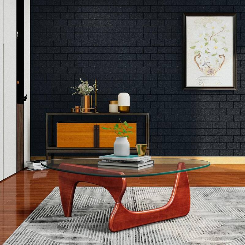 Triangle Glass Coffee Table with Solid Wood Base for Living Room