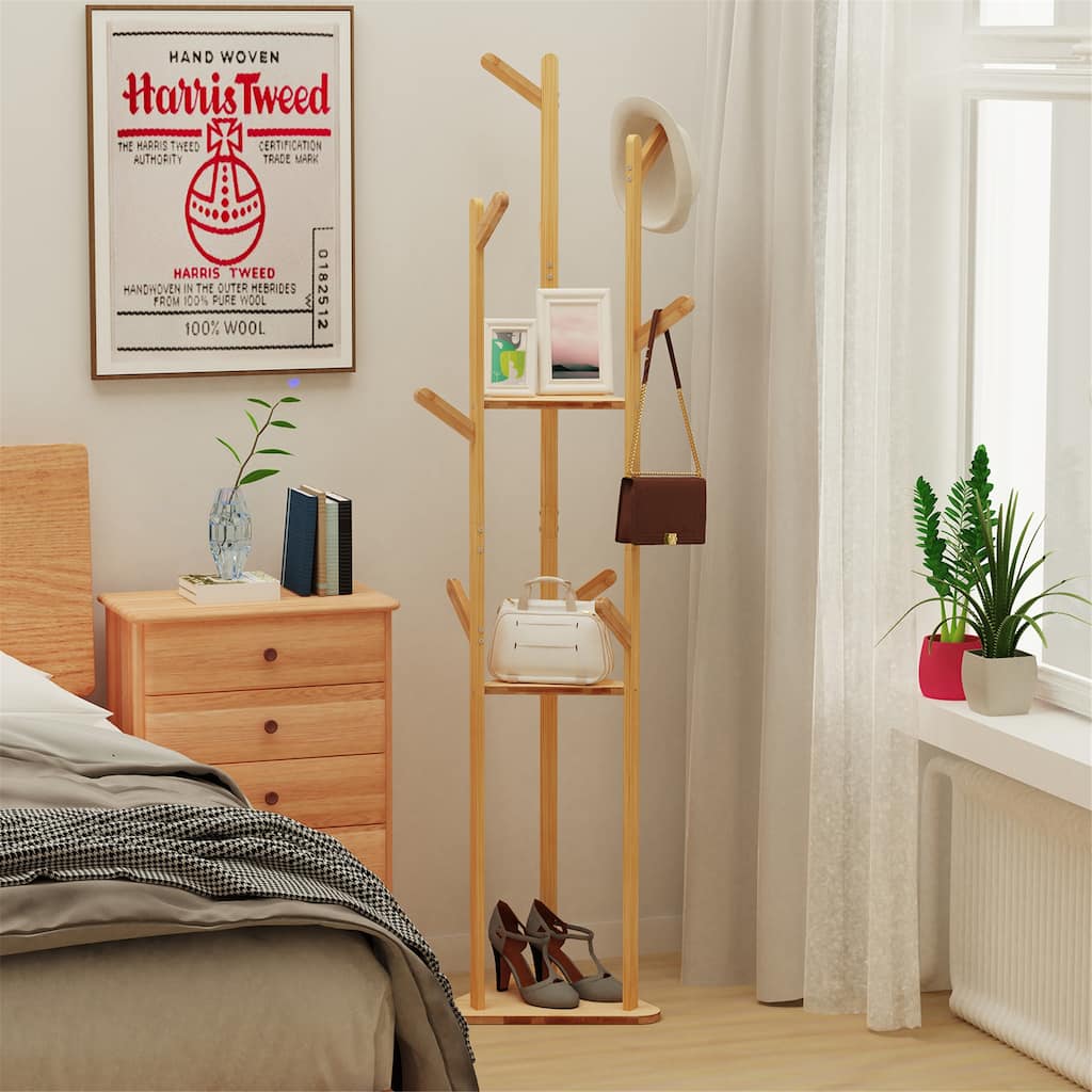 Tree Style Clothes Rack Free Stand with Solid Wood&Hooks Home Bedroom