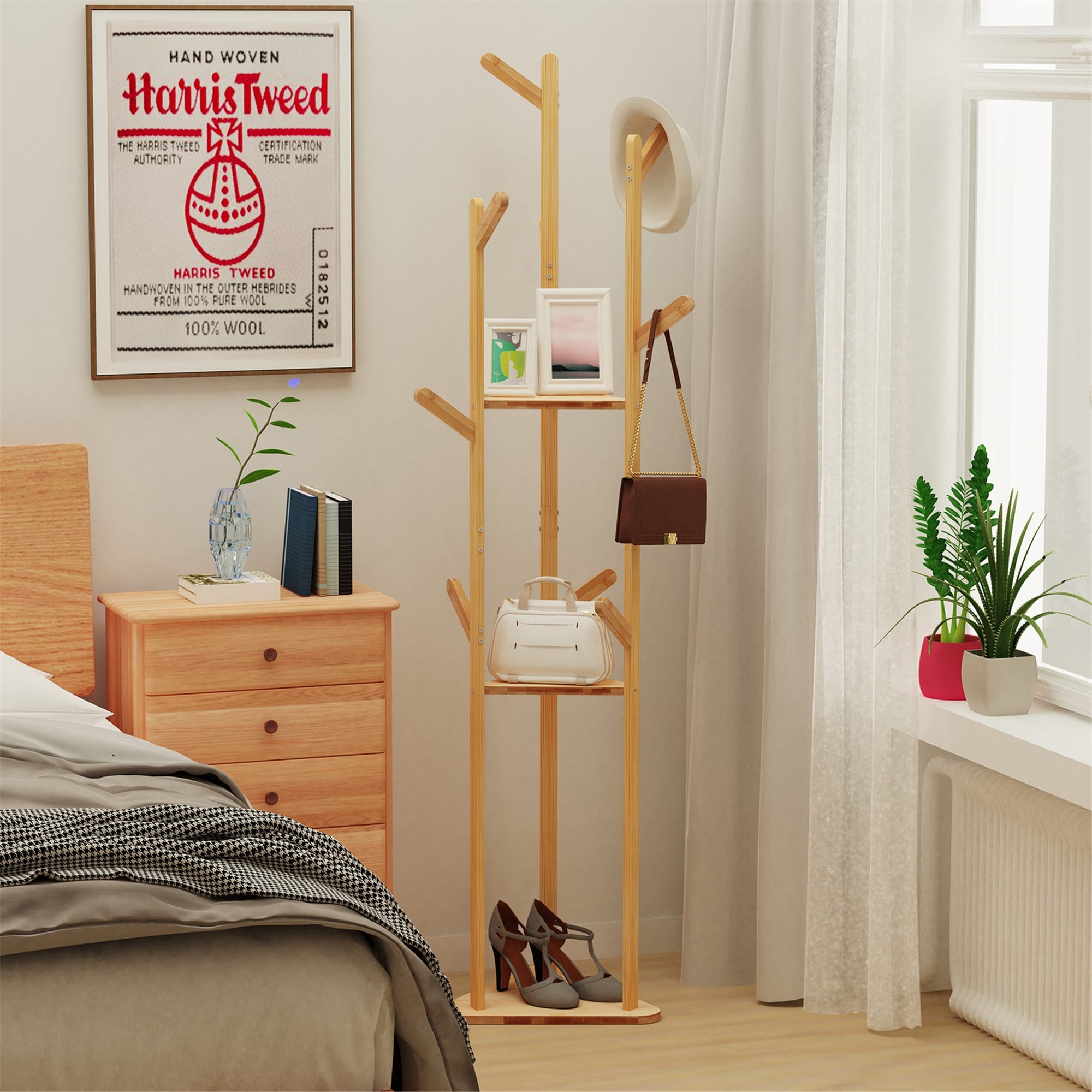 Tree Style Clothes Rack Free Stand with Solid Wood&Hooks Home