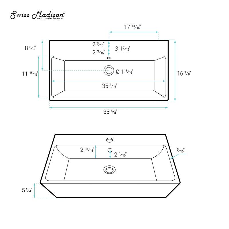 Charme 36" Rectangle Wall-Mount Bathroom Sink - 35.65" x 16.9" 5.25"