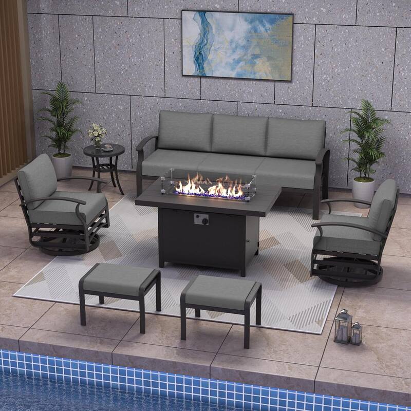 Aluminum Patio Furniture Set with Fire Pit, Ottomans & Rocking-Swivel Chairs, Modular Sofa with Thick Cushions - 5Seats w/Ottomans - Grey