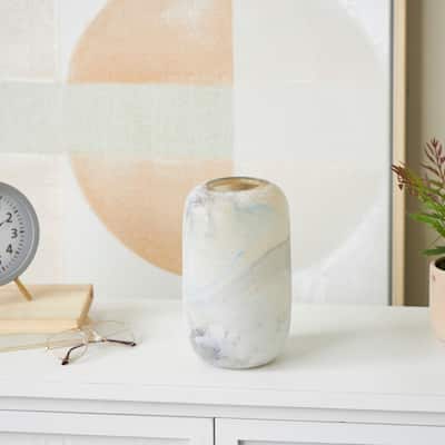 Cream Glass Distressed Decorative Vase with Blue and Tan Texturing