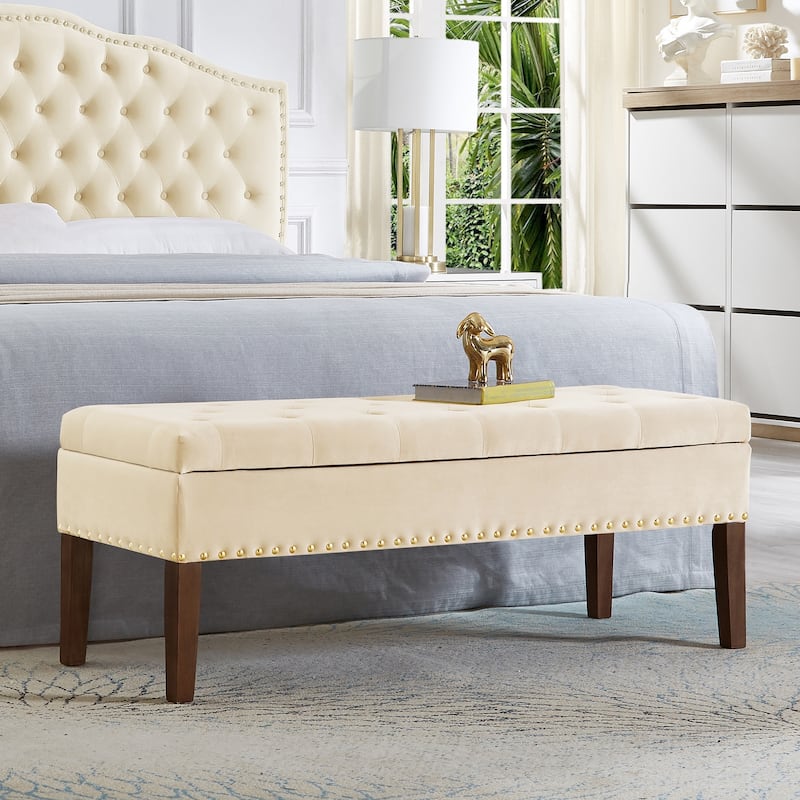 Modern Storage Bench with Wooden Legs, 48 Inch Upholstered Ottoman Bench Velvet End of Bed Stool, Entryway Bench - Cream