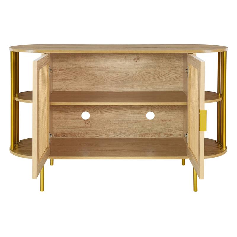 Curved Sideboard Rattan Buffet Storage Cabinet Side Cabinet, Natural