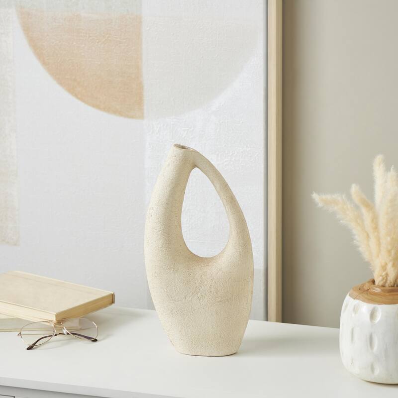 Cream Paper Mache Curved Cutout Abstract Decorative Vase with Brown Distressed Texturing - Cream - 7"W, 14"H