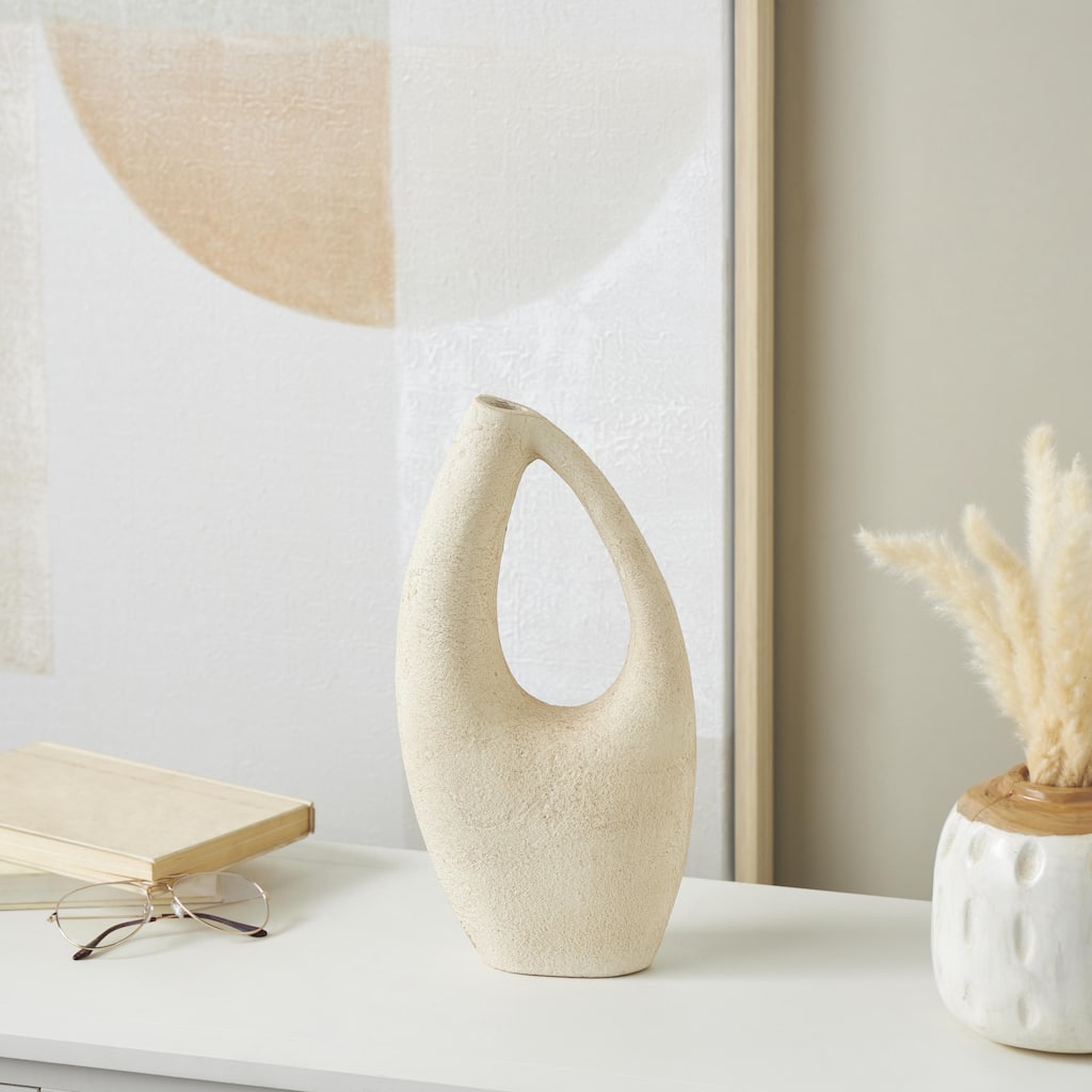 Cream Paper Mache Curved Cutout Abstract Decorative Vase with Brown Distressed Texturing