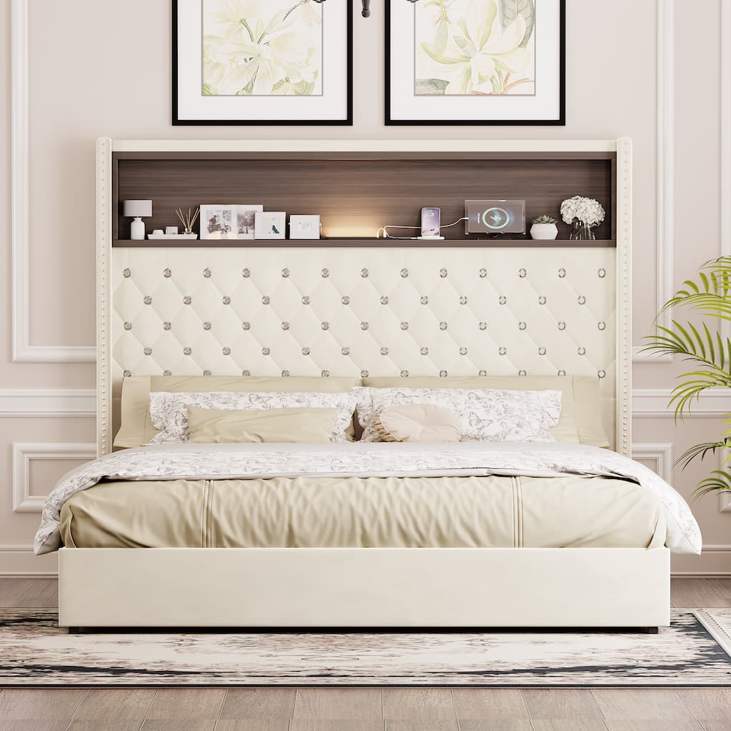 Luxurious Design Platform Bed Frame with USB Port and Night Light