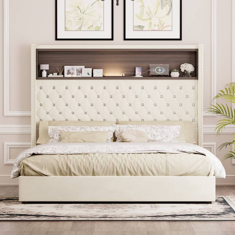 Queen Size Velvet Tufted Soft Bed Frame with USB Port and Night Light, 52" High Headboard with Rivet Decoration