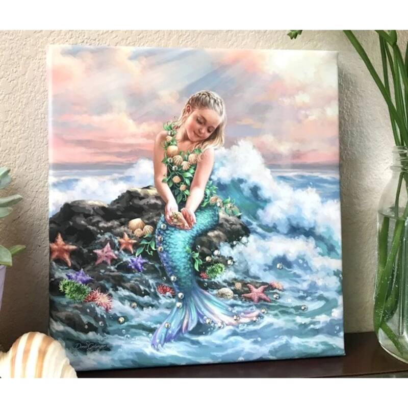 Blue White Mermaid Princess Crystals Square Pizazz Wall Decor 10"x10"