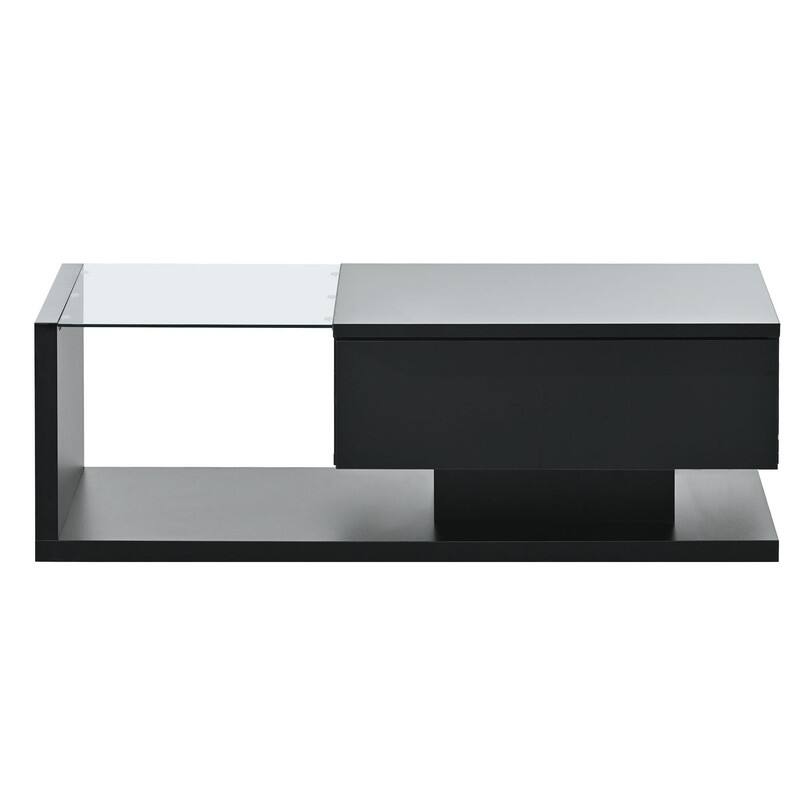 Modernist Glass & High-Gloss Wood Coffee Table with Drawer, 2-Tier Rectangular Center Table for Living Room