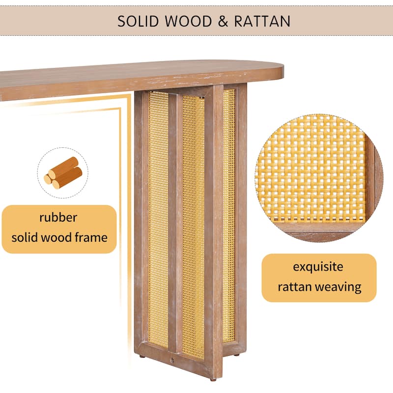 Boho Rattan Console Table, 47.8" Entryway Sofa Table with Oval Top, Narrow Hallway Table for Living Room, Entrance
