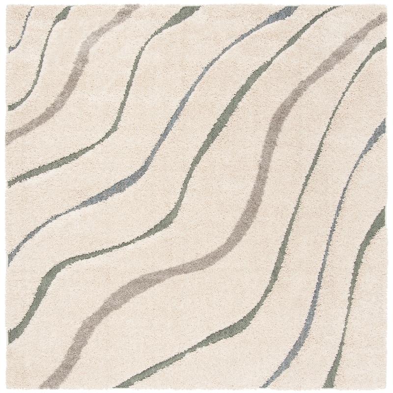 SAFAVIEH Florida Shag Hervor Soft Serene Waves 1.2-inch Thick Rug - 6'7" Square - Cream/Light Blue - Square
