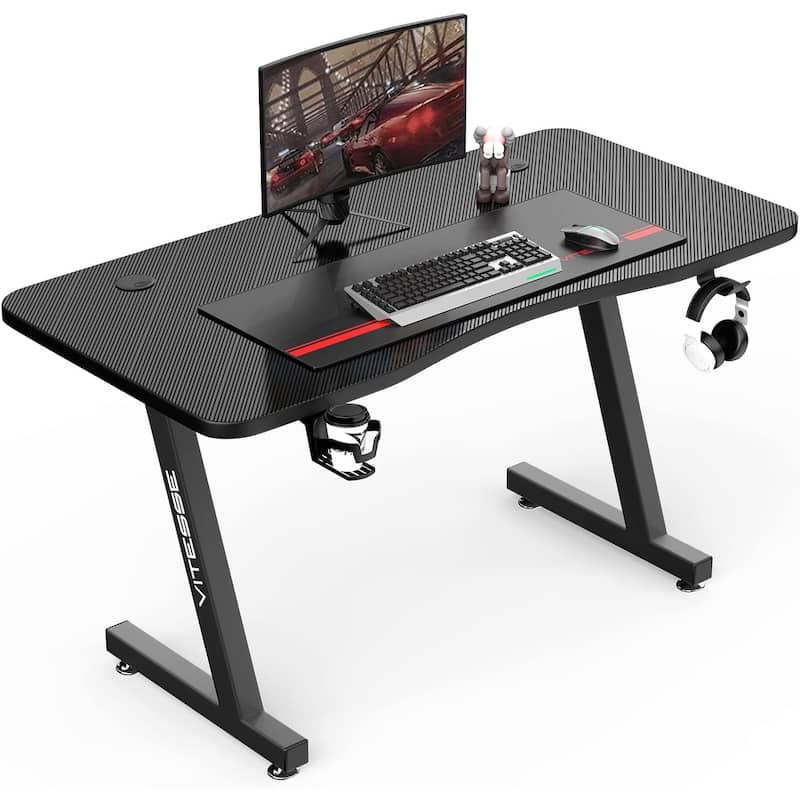 BOSSIN Ergonomic Gaming Desk Z-Shaped Office PC Computer Desk Gamer Tables with Cup Holder and Headphone Hook