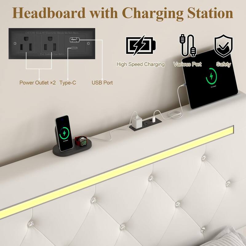 Queen Size Bed Frame with LED Light and Storage Drawers, PU Upholstered Bed Frame with Adjustable Headboard, Charging Station