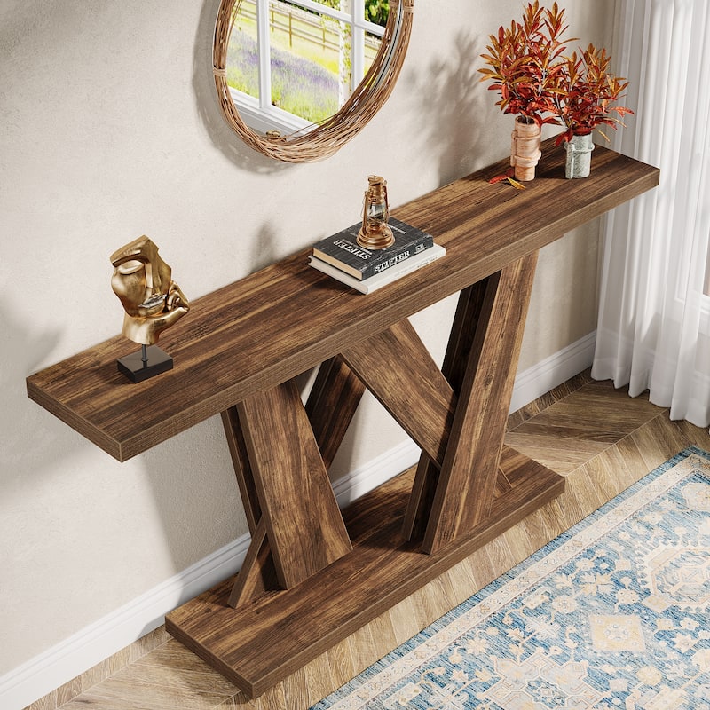 55'' Farmhouse Console Table, Wood Entryway Table with Geometric Base