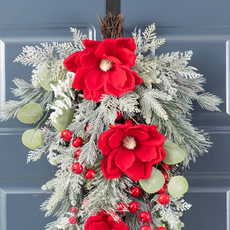 Glitzhome Christmas Red Mangnolia & Berry Wreath Garland Teardrop Hanging Decor