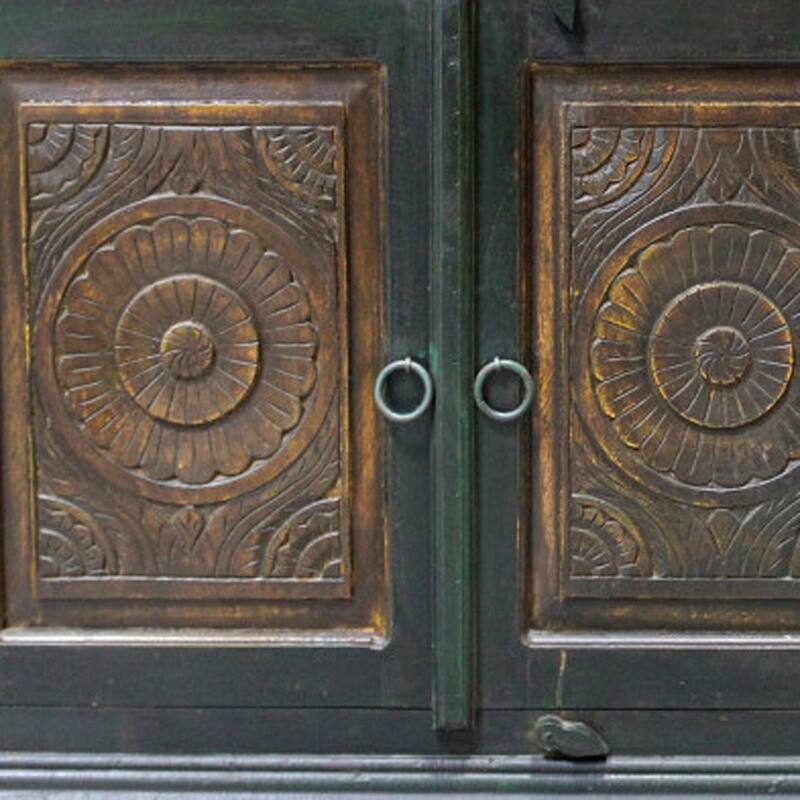 HomeRoots 60" Dark Brown and Green Solid Wood Three Drawer Buffet Table with Two Doors - 60.00 in. x 36.00 in. x 16.00 in.