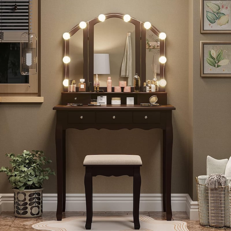 Vanity Desk Set Makeup Vanity Lighted Tri-fold Mirror and Stool - Brown
