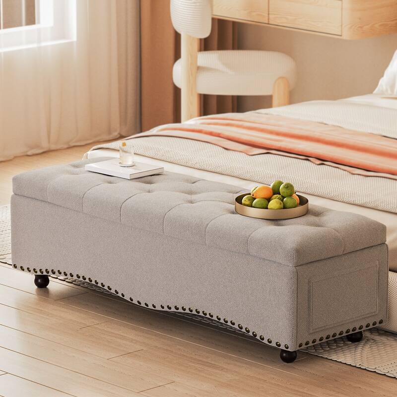 48.5" Tufted Storage Ottoman Bench with Nailhead Trims & 2 Large Side Pockets for Bedroom, Living Room, Entryway - Grey