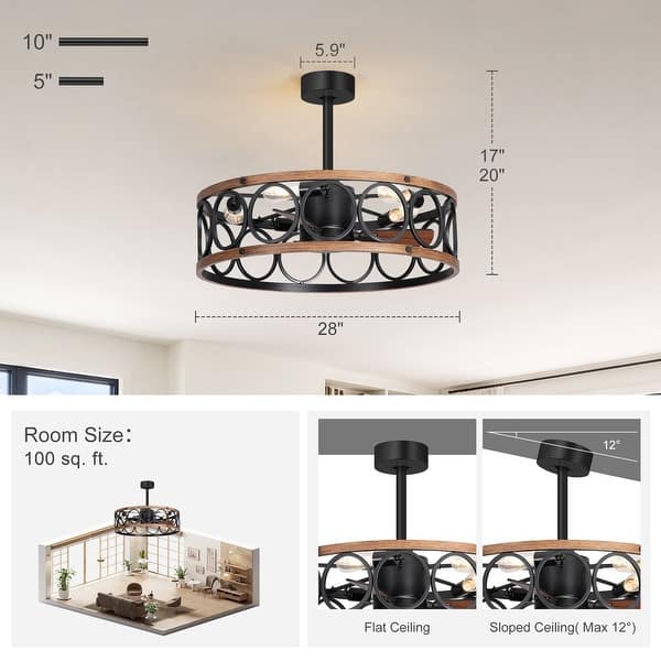 dimension image slide 3 of 11, 16.5"/18.5"/20"/23.6"/24"/28" Vintage Distressed White Low Profile Caged Ceiling Fan with Light and Remote (7/6/5/3-Blade)