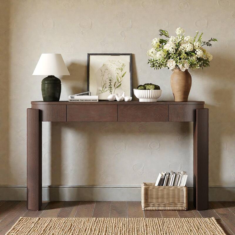 Oval Entryway Console Table with Natural Wood Grain, Fluted Leg Design and 2 Storage Drawers for Living Room or Hallway