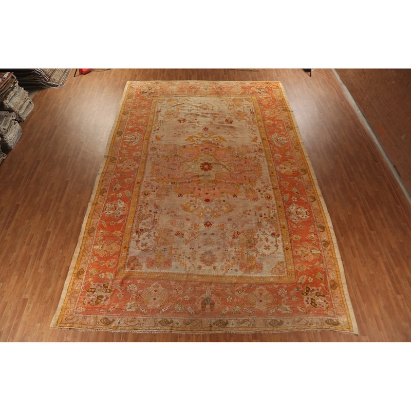 Pre-1900 Antique Vegetable Dye Oushak Turkish Rug Handmade Wool Carpet - 12'3"x 18'5"