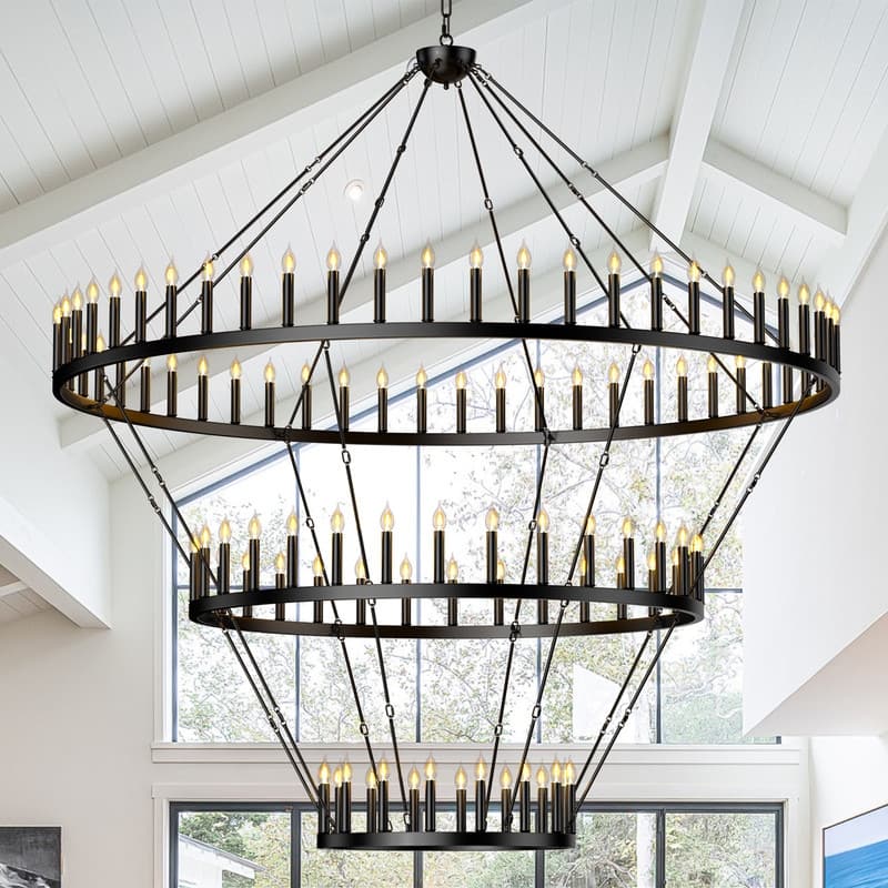Extra Large Wagon Wheel Chandelier Adjustable Farmhouse Pendant Light for High Ceilings, Rustic Dining Room & Entryway - 3 Tier 104-Lights