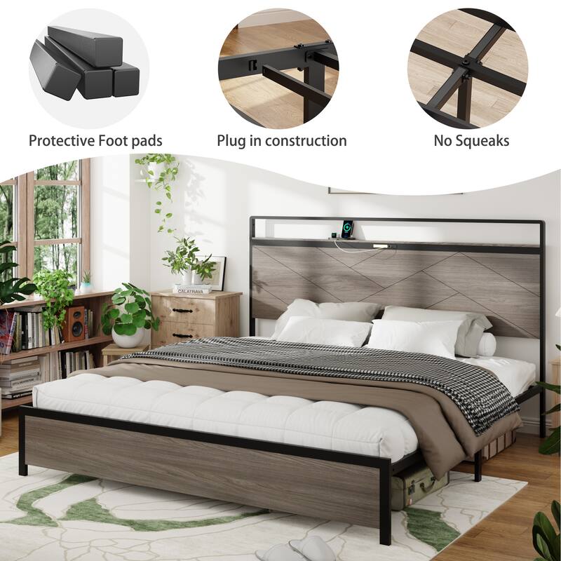 Wood Platform Bed with storage LED Light Headboard and 2 USB