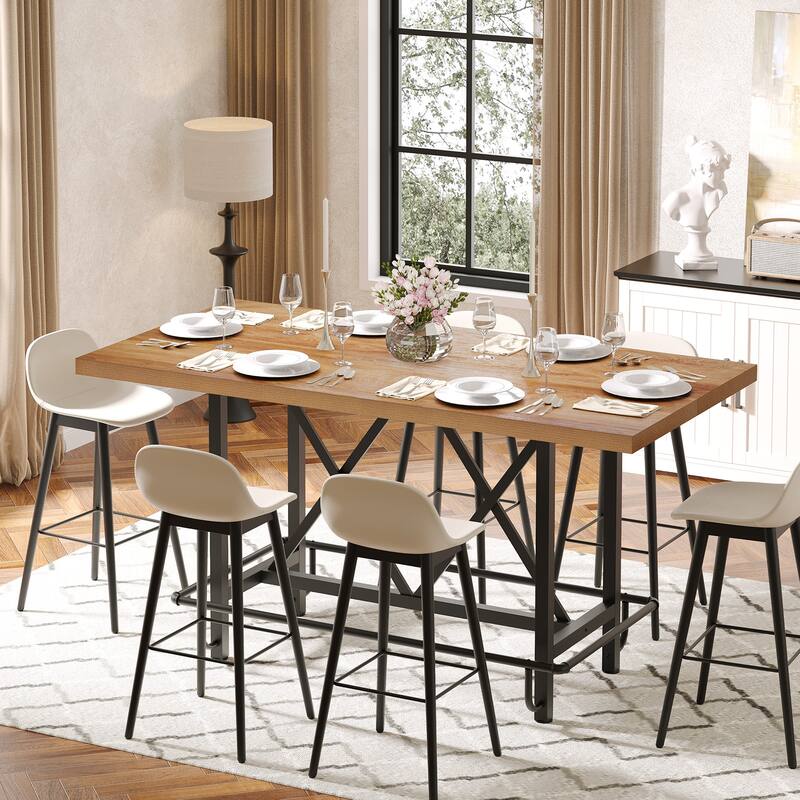 63" Long Wood Dining Table for 4-6 People, Farmhouse Dinner Table with Thick Tabletop, Kitchen Table with Footrest