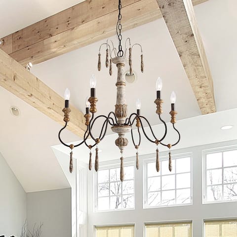 The Gray Barn French Country 6-Light Candle Style Wood Chandelier for Dining Room - D28"x H31"