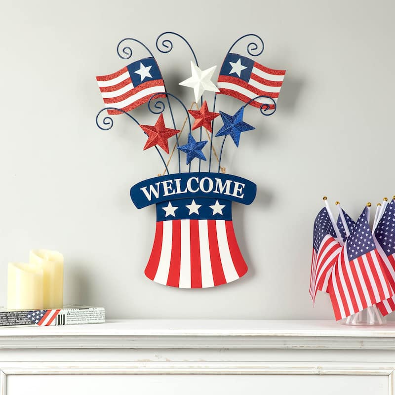 Glitzhome Metal Americana Stars Stripes Yard Stake Wall Sign with Welcome Flag