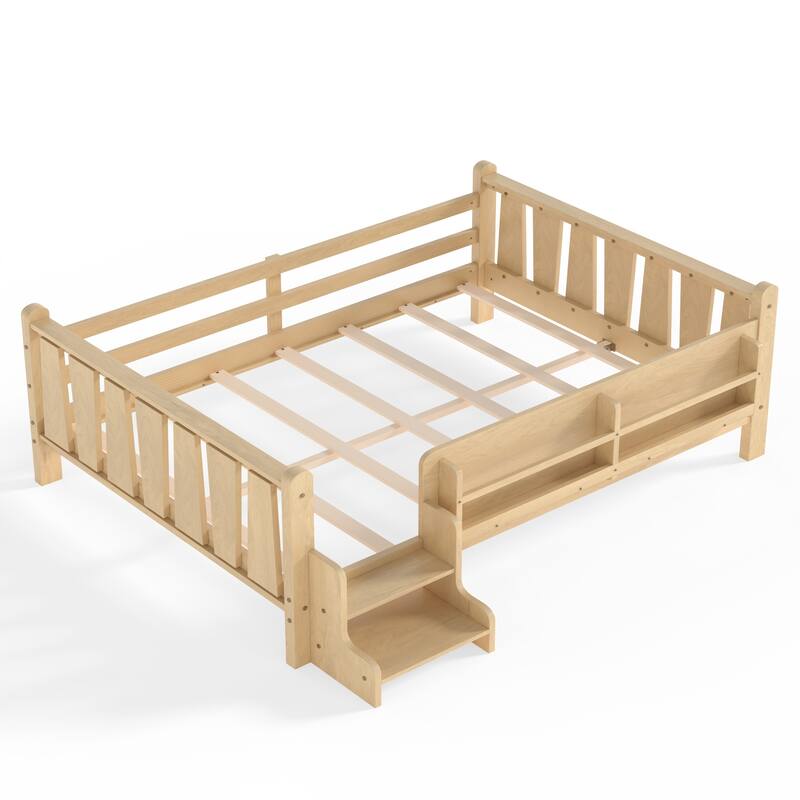 Full/Twin Floor Bed with Storage Bookcases & Cute Stairs - Solid Wood Kids Bed, No Box Spring