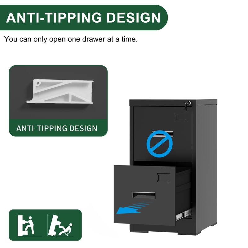 Modern Narrow Vertical Filing Cabinet with 2 Drawers Anti-Tilt Device, Locks and Card Slots, for Home Office