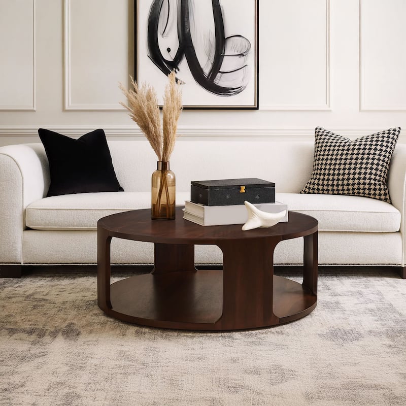 Bard Coffee Table, 38 Inch Round Top with Shelf, Walnut Brown Mango Wood Sculptural Frame