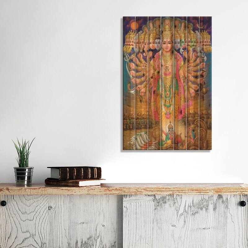 Hindu God Vishnu As Virat Swaroop Print On Wood by Unknown Artist - Multi-Color